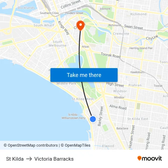 St Kilda to Victoria Barracks map