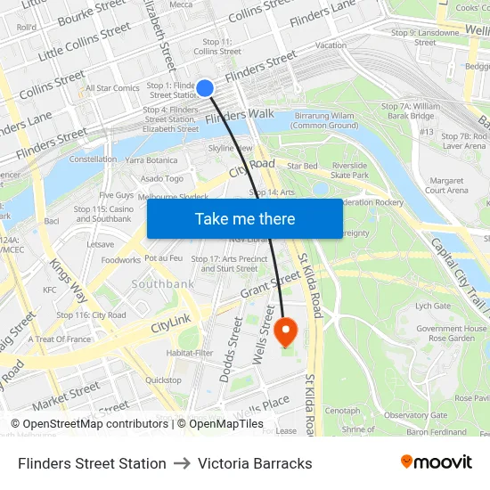 Flinders Street Station to Victoria Barracks map