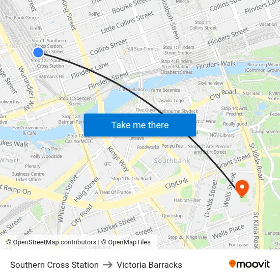 Southern Cross Station to Victoria Barracks map