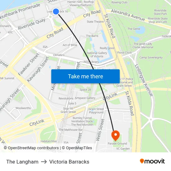 The Langham to Victoria Barracks map