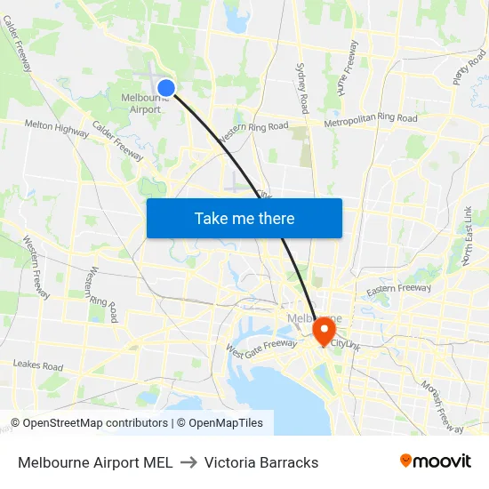 Melbourne Airport MEL to Victoria Barracks map