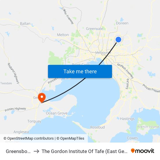 Greensborough to The Gordon Institute Of Tafe (East Geelong Campus) map