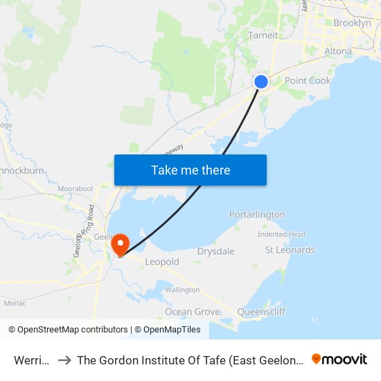 Werribee to The Gordon Institute Of Tafe (East Geelong Campus) map