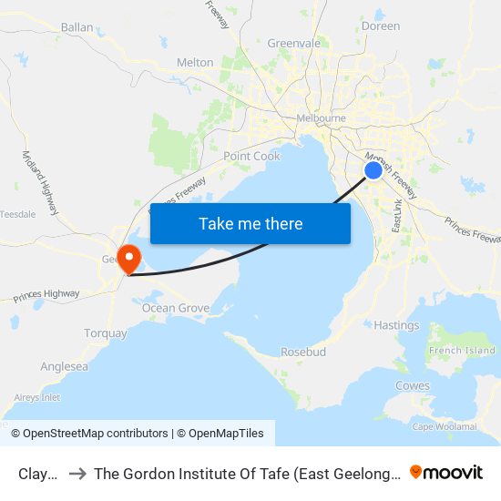 Clayton to The Gordon Institute Of Tafe (East Geelong Campus) map