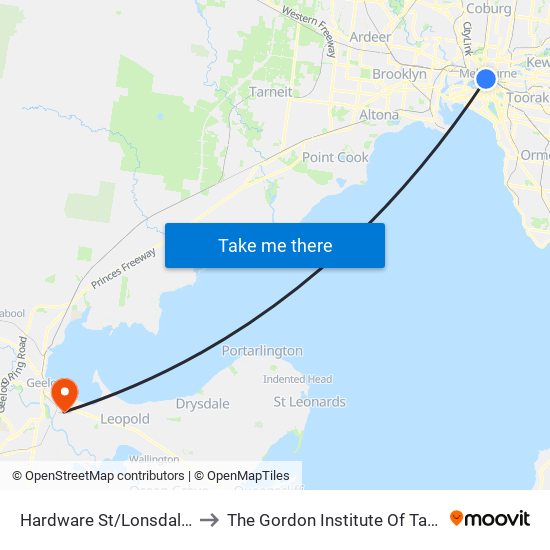 Hardware St/Lonsdale St (Melbourne City) to The Gordon Institute Of Tafe (East Geelong Campus) map