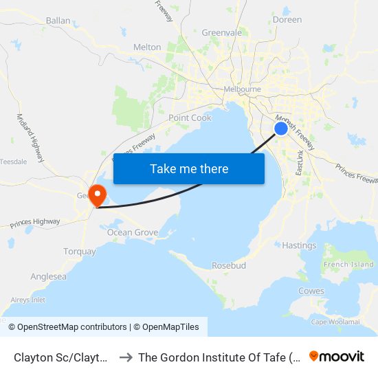 Clayton Sc/Clayton Rd (Clayton) to The Gordon Institute Of Tafe (East Geelong Campus) map