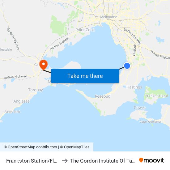 Frankston Station/Fletcher Rd (Frankston) to The Gordon Institute Of Tafe (East Geelong Campus) map