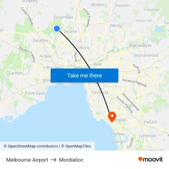 Melbourne Airport to Mordialloc map