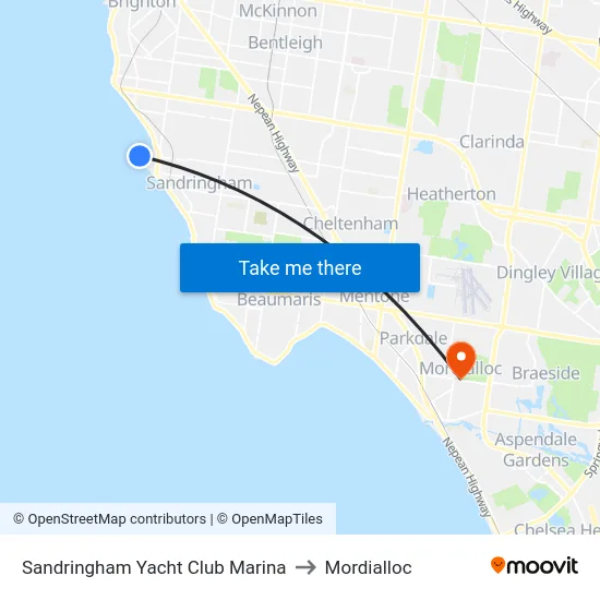 Sandringham Yacht Club Marina to Mordialloc map