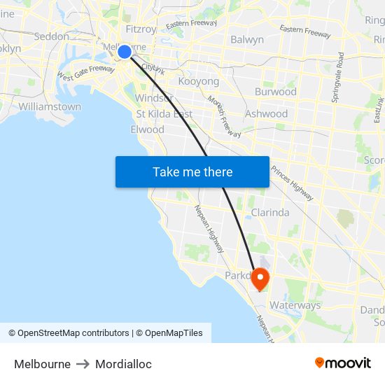 Melbourne to Mordialloc map