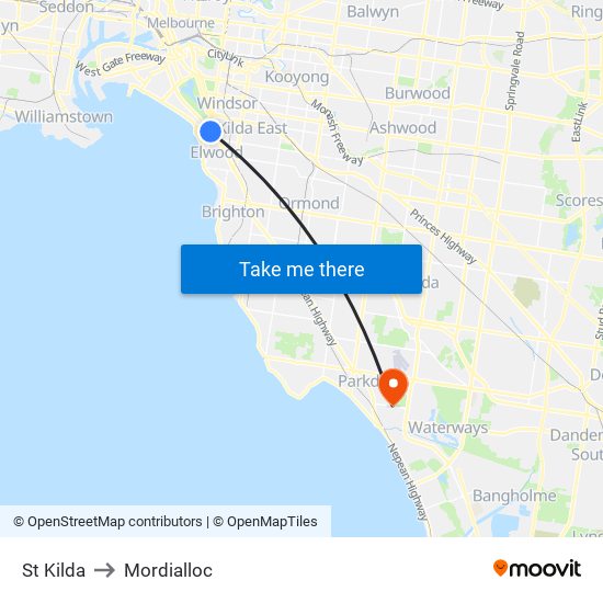 St Kilda to Mordialloc map