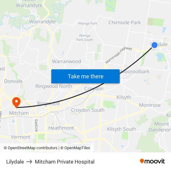 Lilydale to Mitcham Private Hospital map