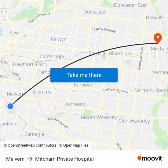 Malvern to Mitcham Private Hospital map
