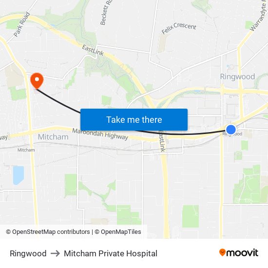Ringwood to Mitcham Private Hospital map