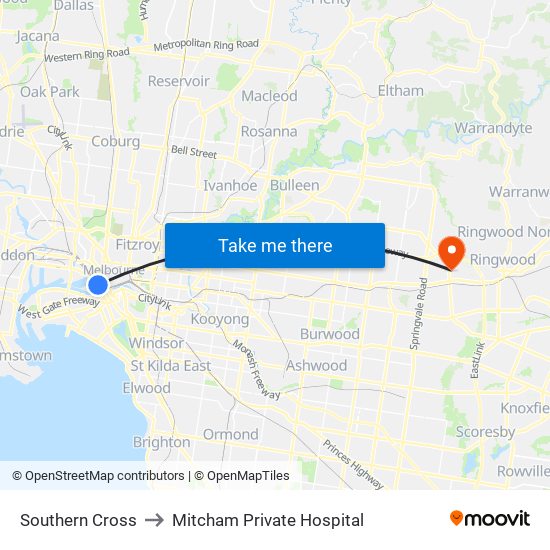 Southern Cross to Mitcham Private Hospital map