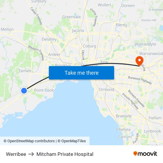 Werribee to Mitcham Private Hospital map