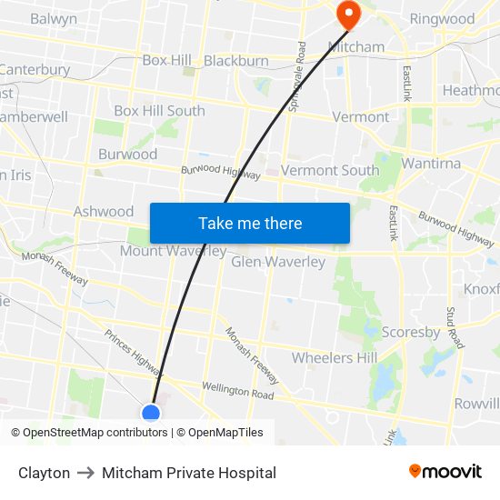 Clayton to Mitcham Private Hospital map