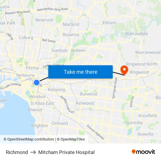 Richmond to Mitcham Private Hospital map