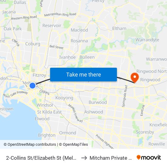 2-Collins St/Elizabeth St (Melbourne City) to Mitcham Private Hospital map