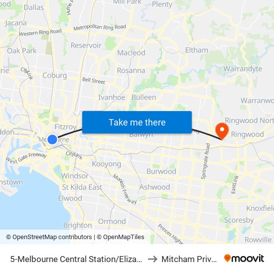 5-Melbourne Central Station/Elizabeth St (Melbourne City) to Mitcham Private Hospital map