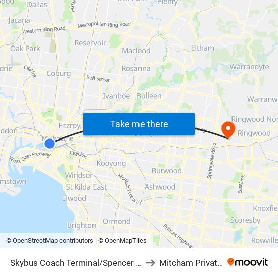 Skybus Coach Terminal/Spencer St (Melbourne City) to Mitcham Private Hospital map