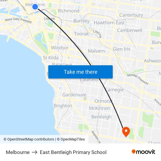 Melbourne to East Bentleigh Primary School map