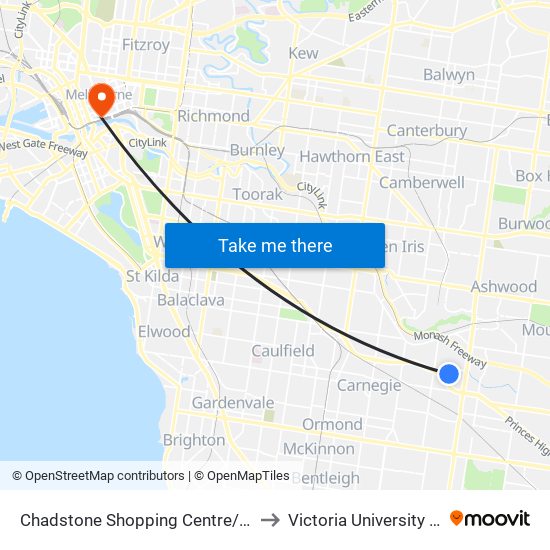 Chadstone Shopping Centre/Eastern Access Rd (Malvern East) to Victoria University (City Flinders Campus) map