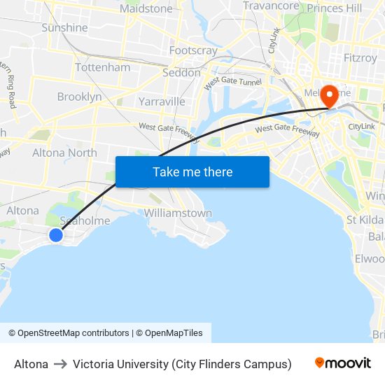 Altona to Victoria University (City Flinders Campus) map