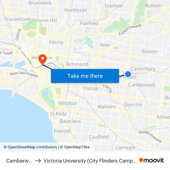 Camberwell to Victoria University (City Flinders Campus) map