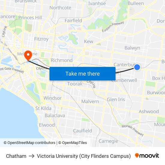 Chatham to Victoria University (City Flinders Campus) map