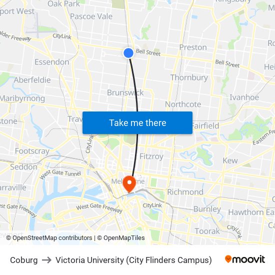 Coburg to Victoria University (City Flinders Campus) map