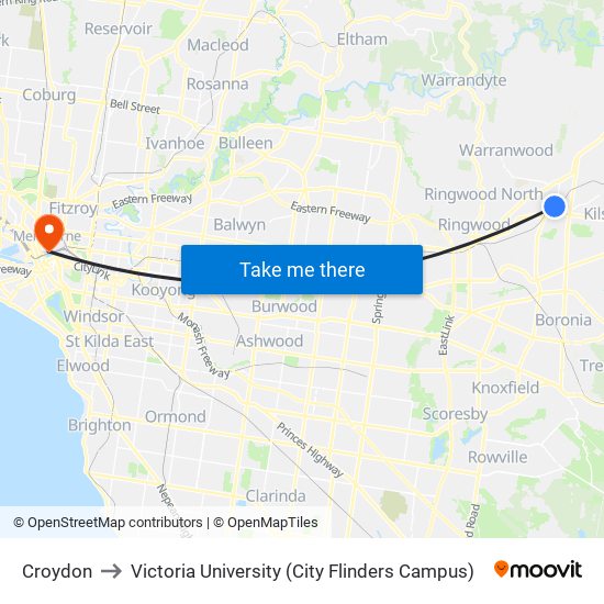 Croydon to Victoria University (City Flinders Campus) map