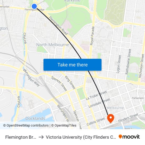 Flemington Bridge to Victoria University (City Flinders Campus) map