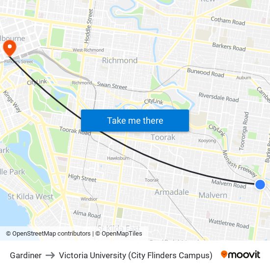 Gardiner to Victoria University (City Flinders Campus) map