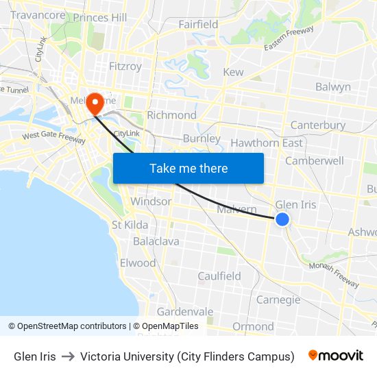 Glen Iris to Victoria University (City Flinders Campus) map