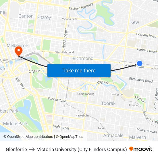 Glenferrie to Victoria University (City Flinders Campus) map