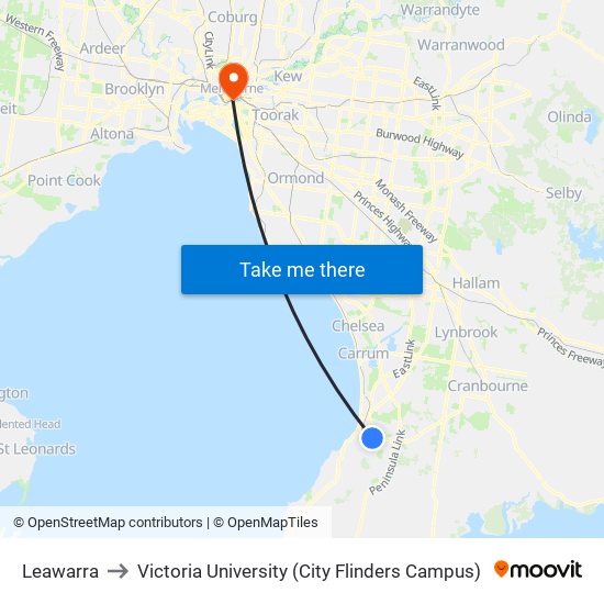 Leawarra to Victoria University (City Flinders Campus) map