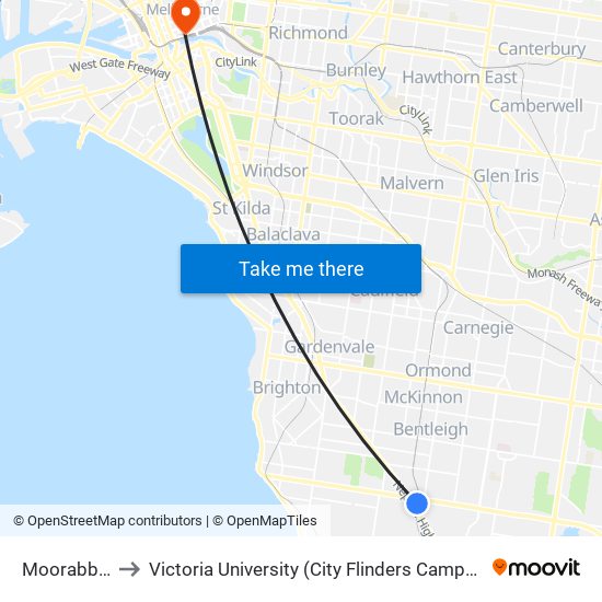 Moorabbin to Victoria University (City Flinders Campus) map