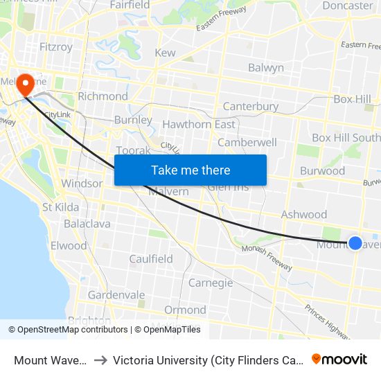 Mount Waverley to Victoria University (City Flinders Campus) map