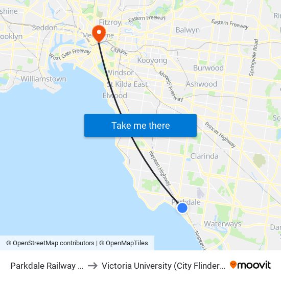 Parkdale Railway Station to Victoria University (City Flinders Campus) map