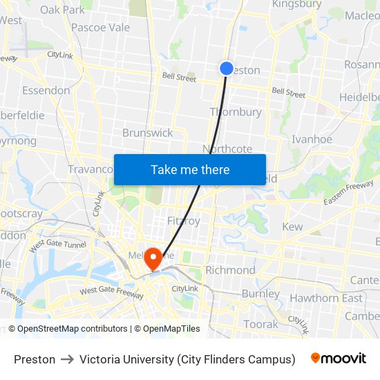 Preston to Victoria University (City Flinders Campus) map