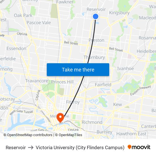 Reservoir to Victoria University (City Flinders Campus) map