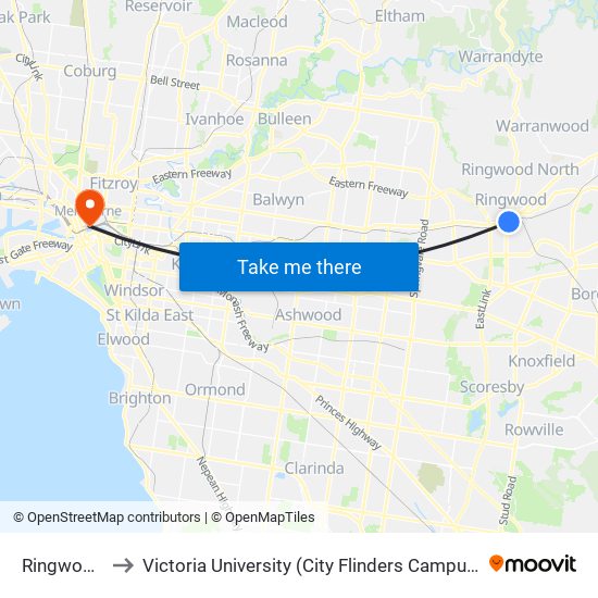 Ringwood to Victoria University (City Flinders Campus) map