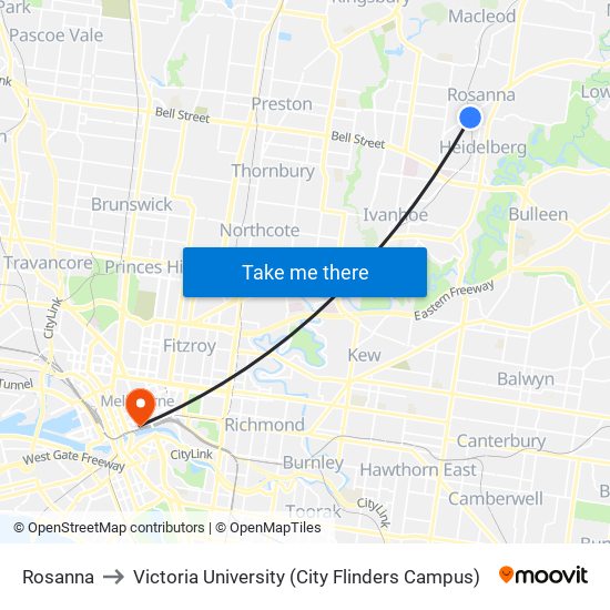 Rosanna to Victoria University (City Flinders Campus) map