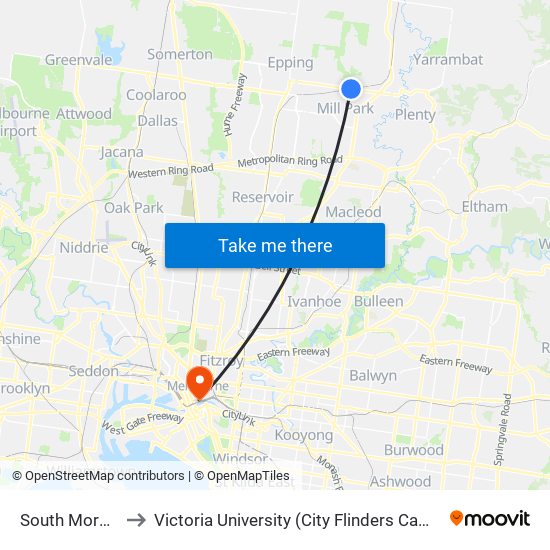 South Morang to Victoria University (City Flinders Campus) map