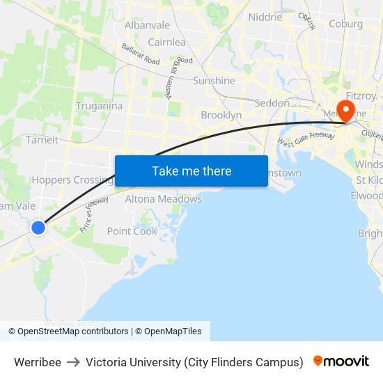 Werribee to Victoria University (City Flinders Campus) map