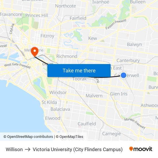 Willison to Victoria University (City Flinders Campus) map