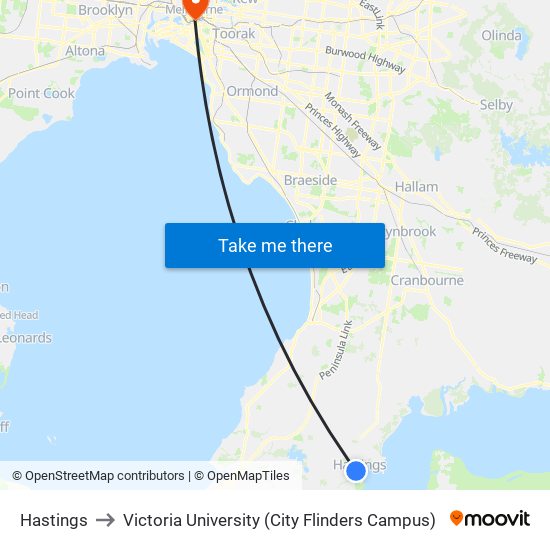 Hastings to Victoria University (City Flinders Campus) map