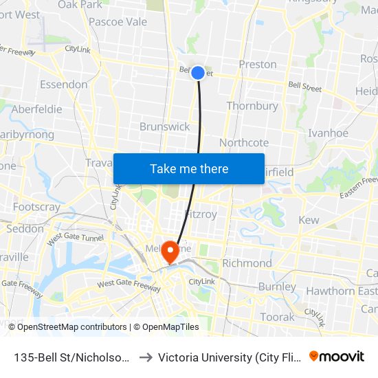 135-Bell St/Nicholson St (Coburg) to Victoria University (City Flinders Campus) map