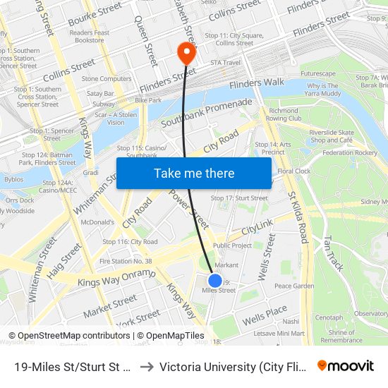 19-Miles St/Sturt St (Southbank) to Victoria University (City Flinders Campus) map